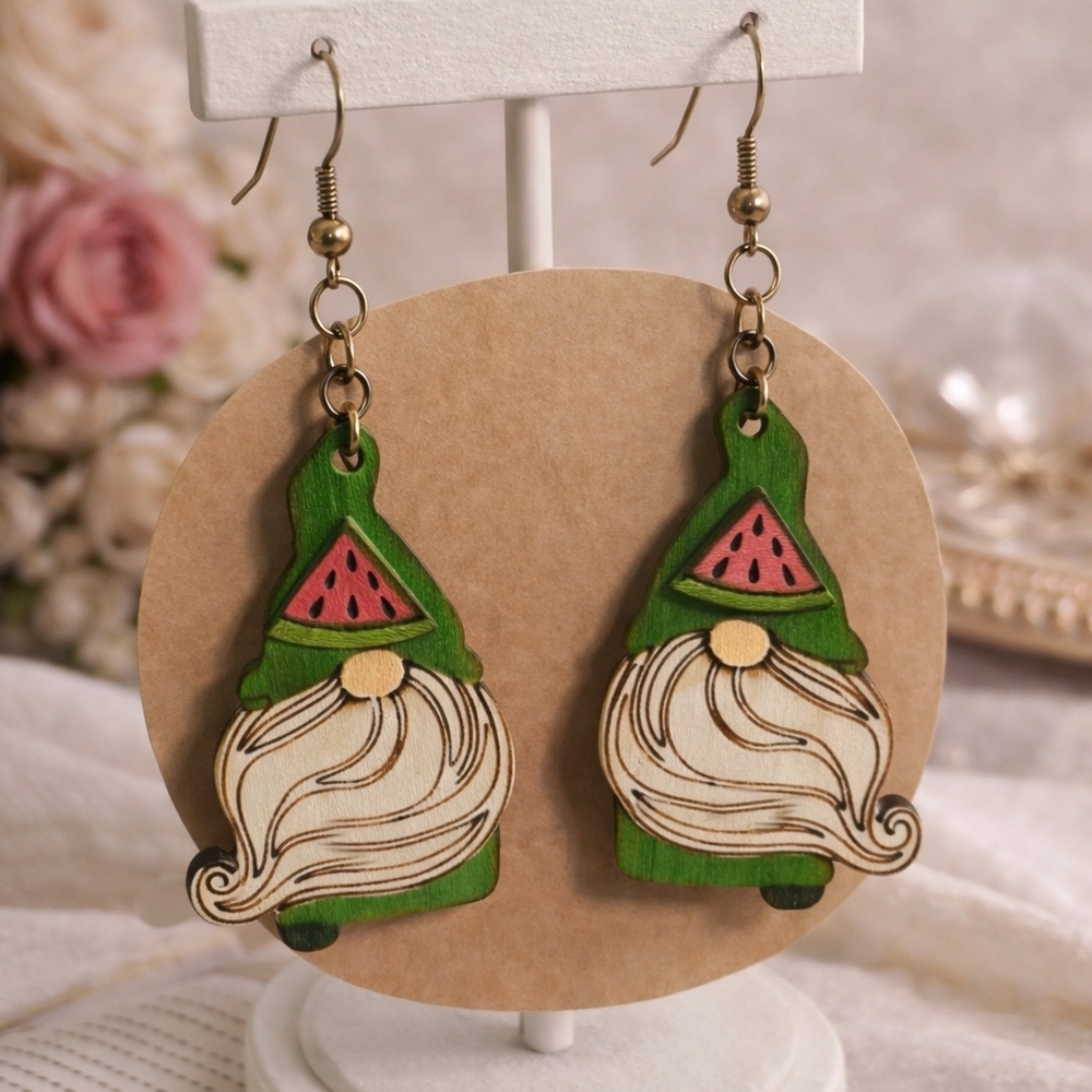 Hand-Painted Green and Cream Gnome Earrings